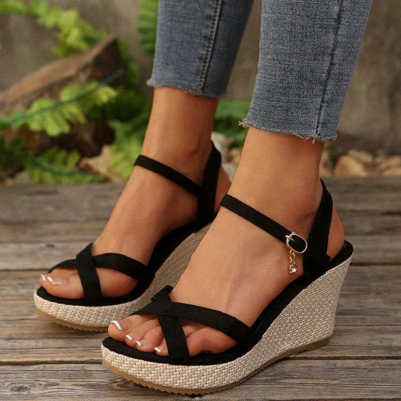 Women's espadrille sandals shown on foot