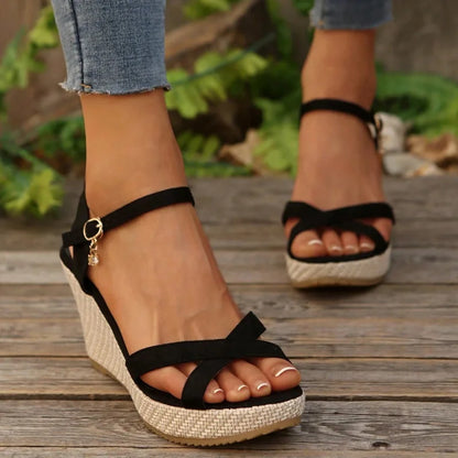 Women's espadrille sandals shown on foot