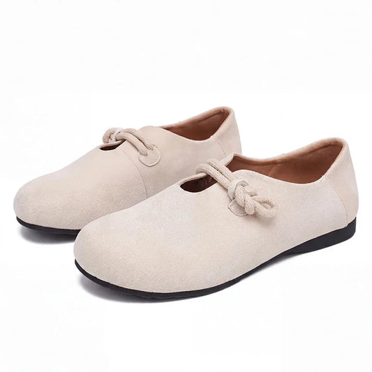 Beige wide fit loafers for women, front studio view