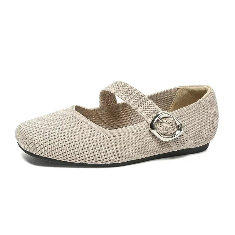 Women's beige square toe Mary Jane shoes in ribbed knit, side profile on white