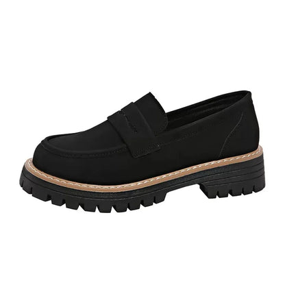 Women's wide fit loafers in black, isolated side view