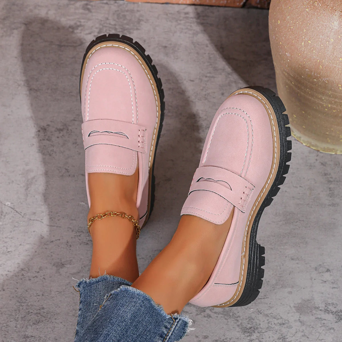 Pink chunky sole loafers, top on-foot view