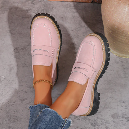 Pink chunky sole loafers, top on-foot view