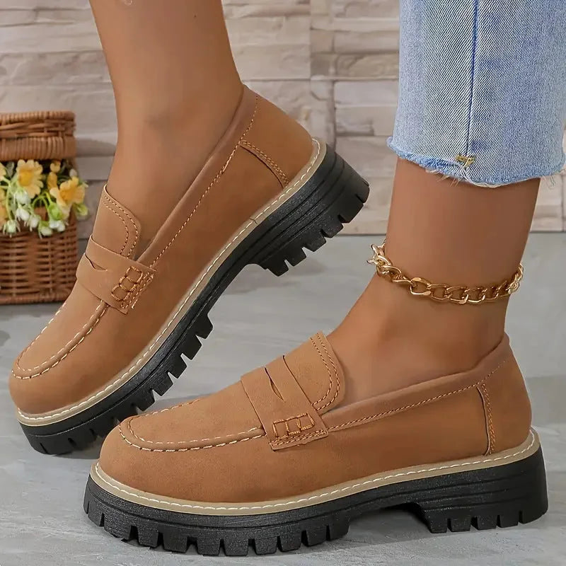 Brown chunky loafers for women, on-foot side view