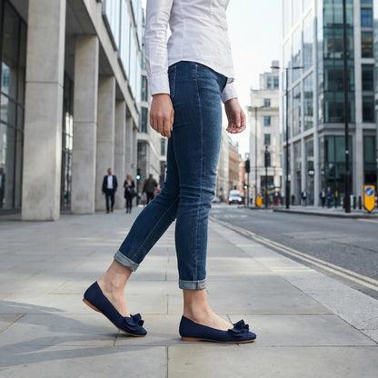 Women's knit slip-on flats worn in a lifestyle setting