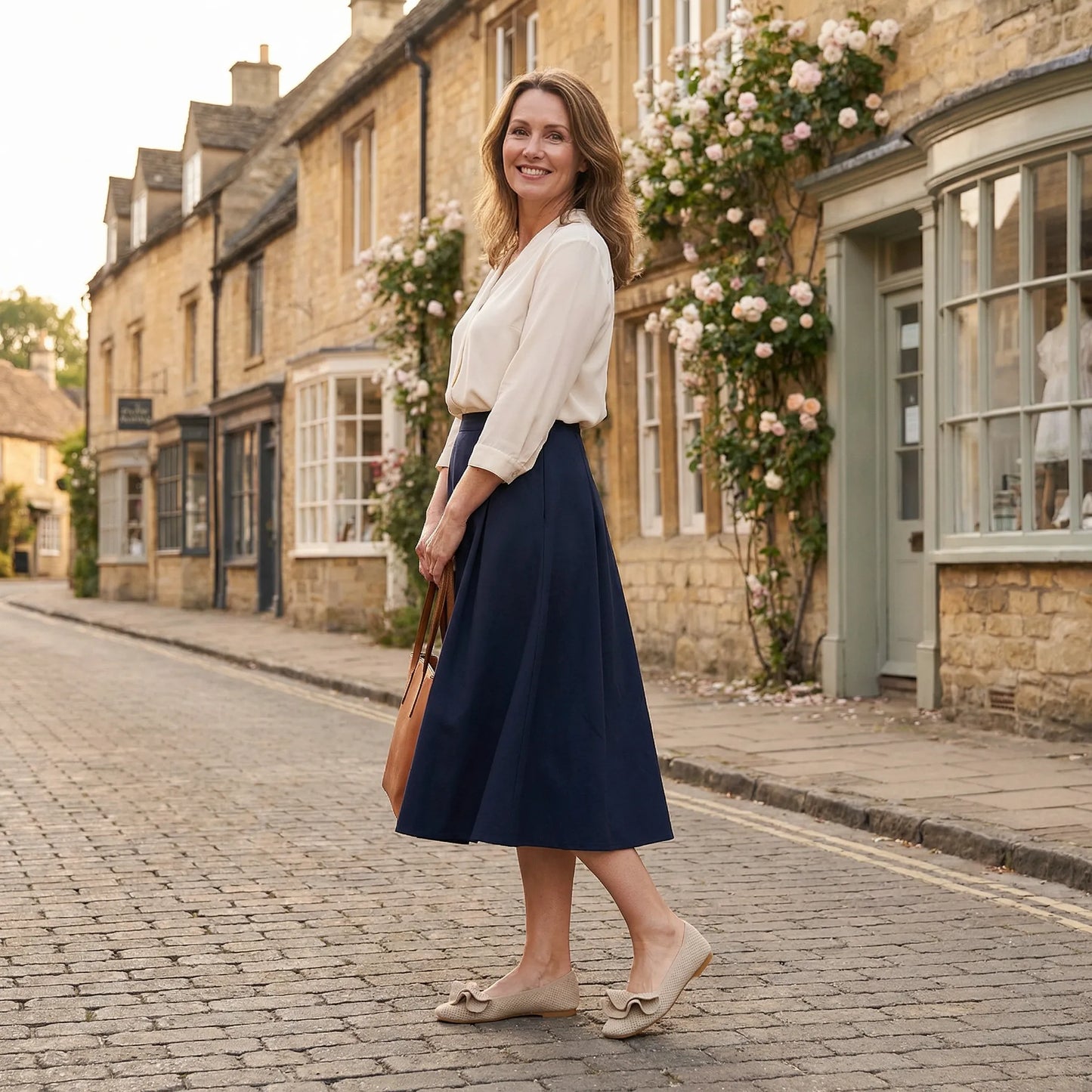 Women's knit slip-on flats worn in a lifestyle setting