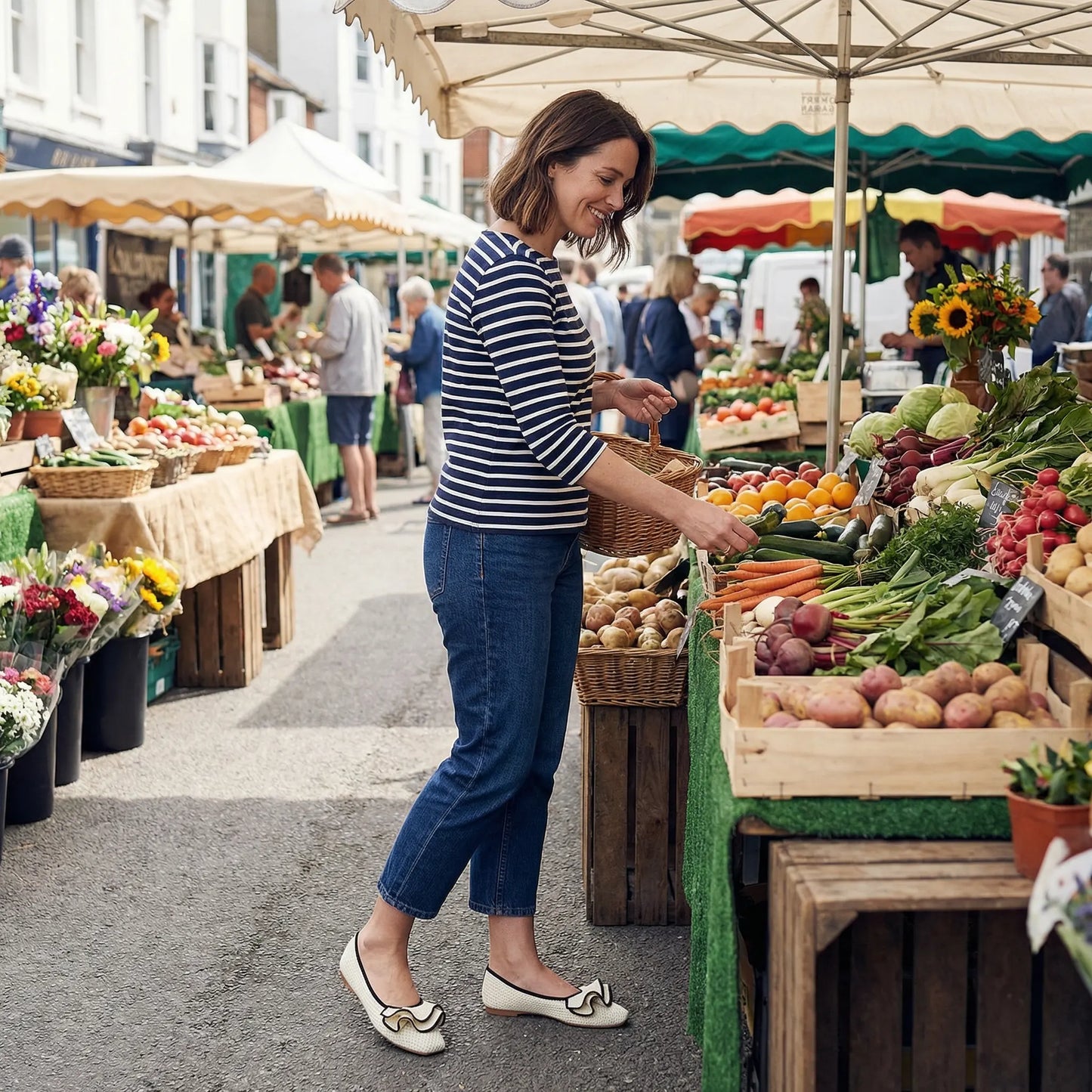 Women's knit slip-on flats worn in a lifestyle setting