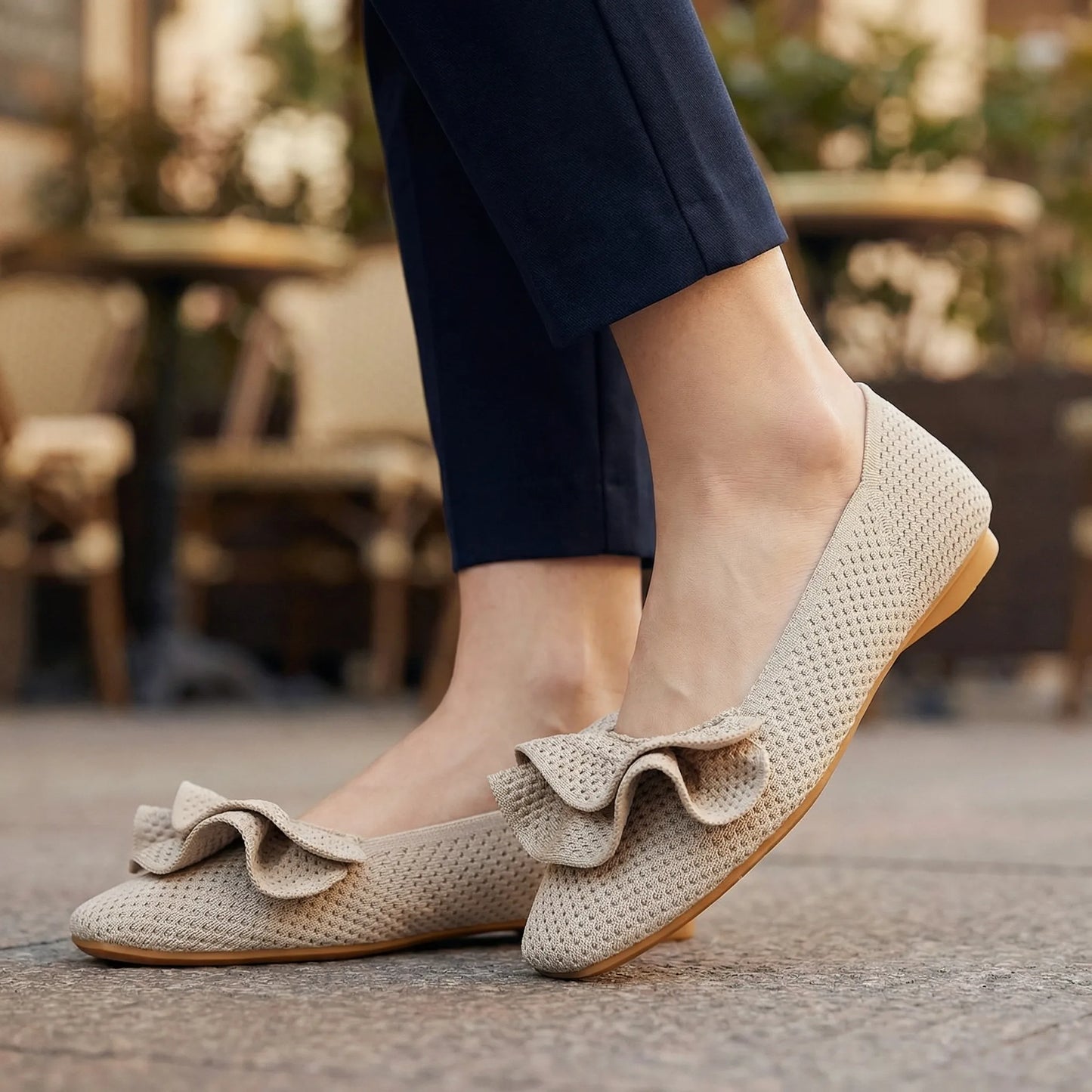 Women's knit slip-on flats shown on foot