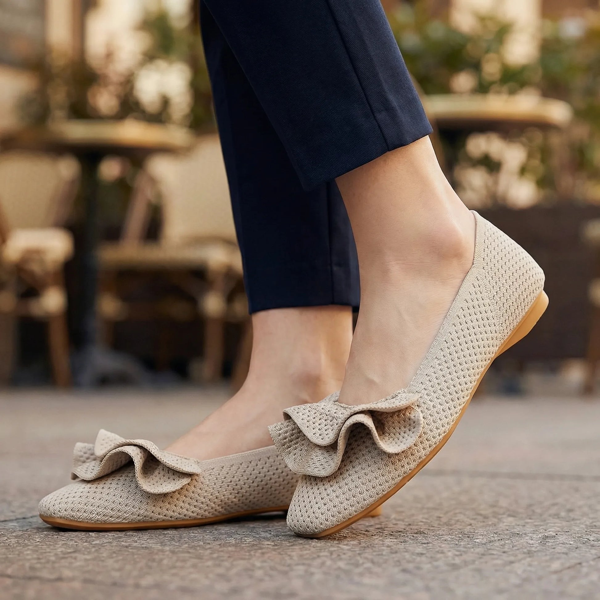 Women's knit slip-on flats shown on foot