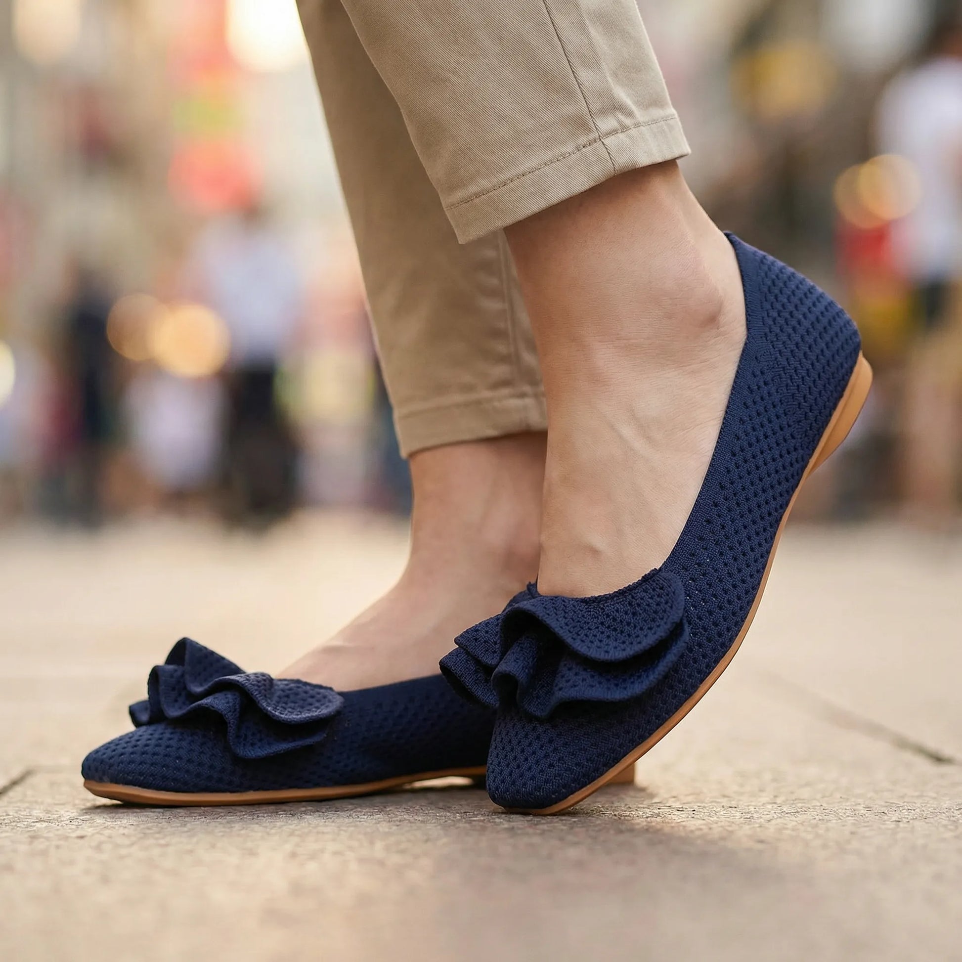 Women's knit slip-on flats shown on foot