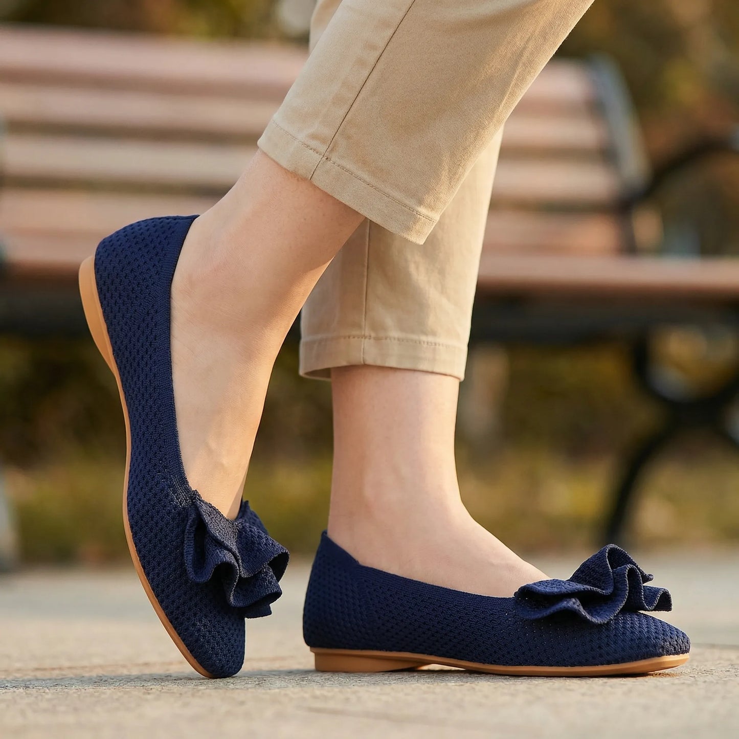 Women's knit slip-on flats shown on foot