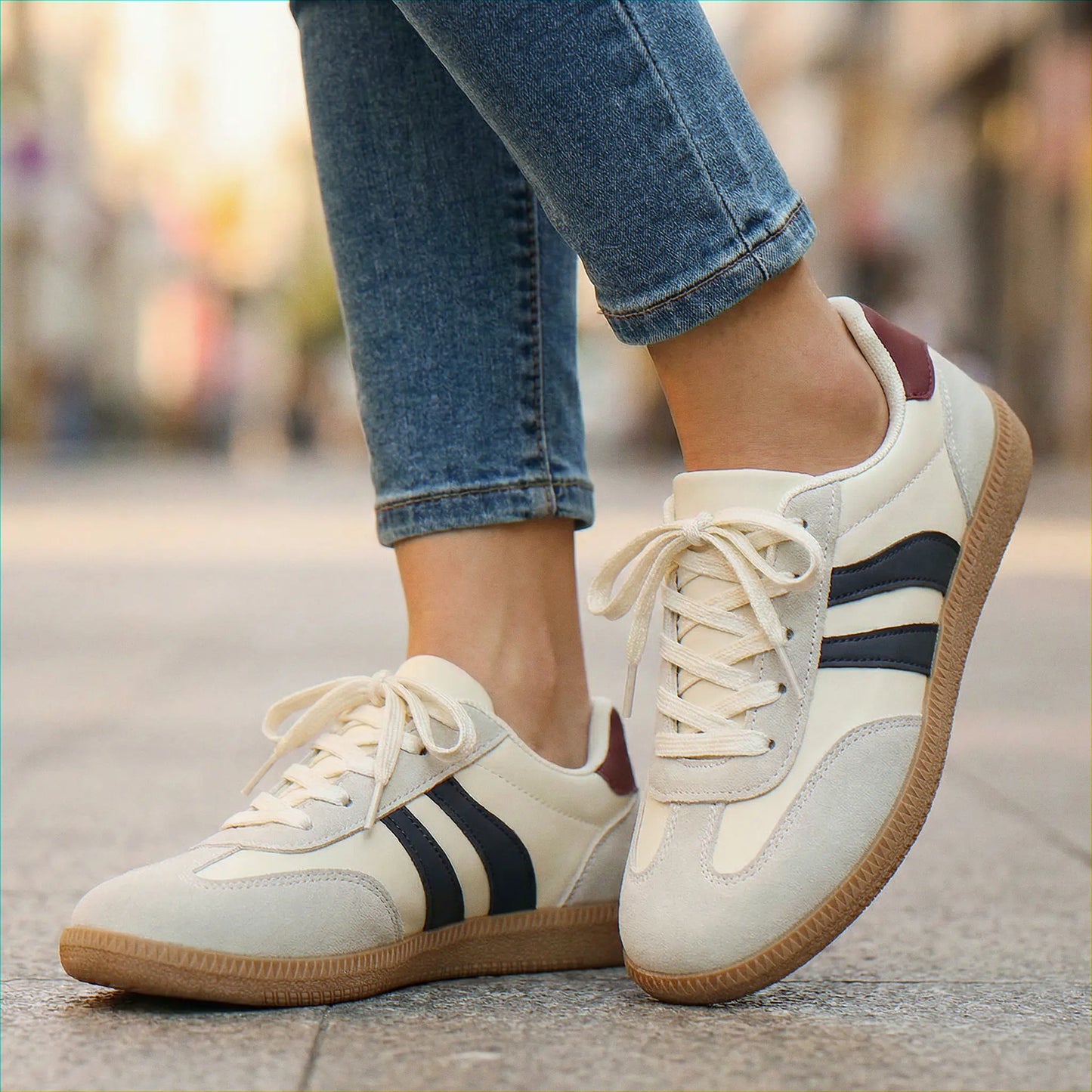 Cream and navy trainers for women, urban on-foot view