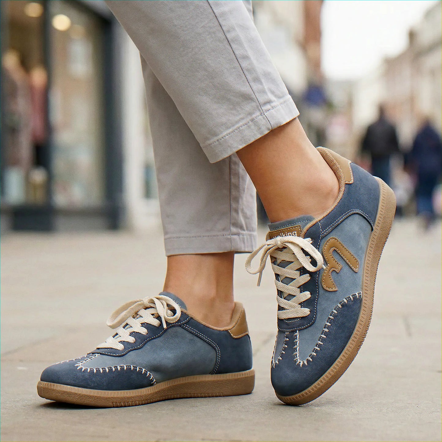 Dusty blue wide fit trainers, close on-foot view