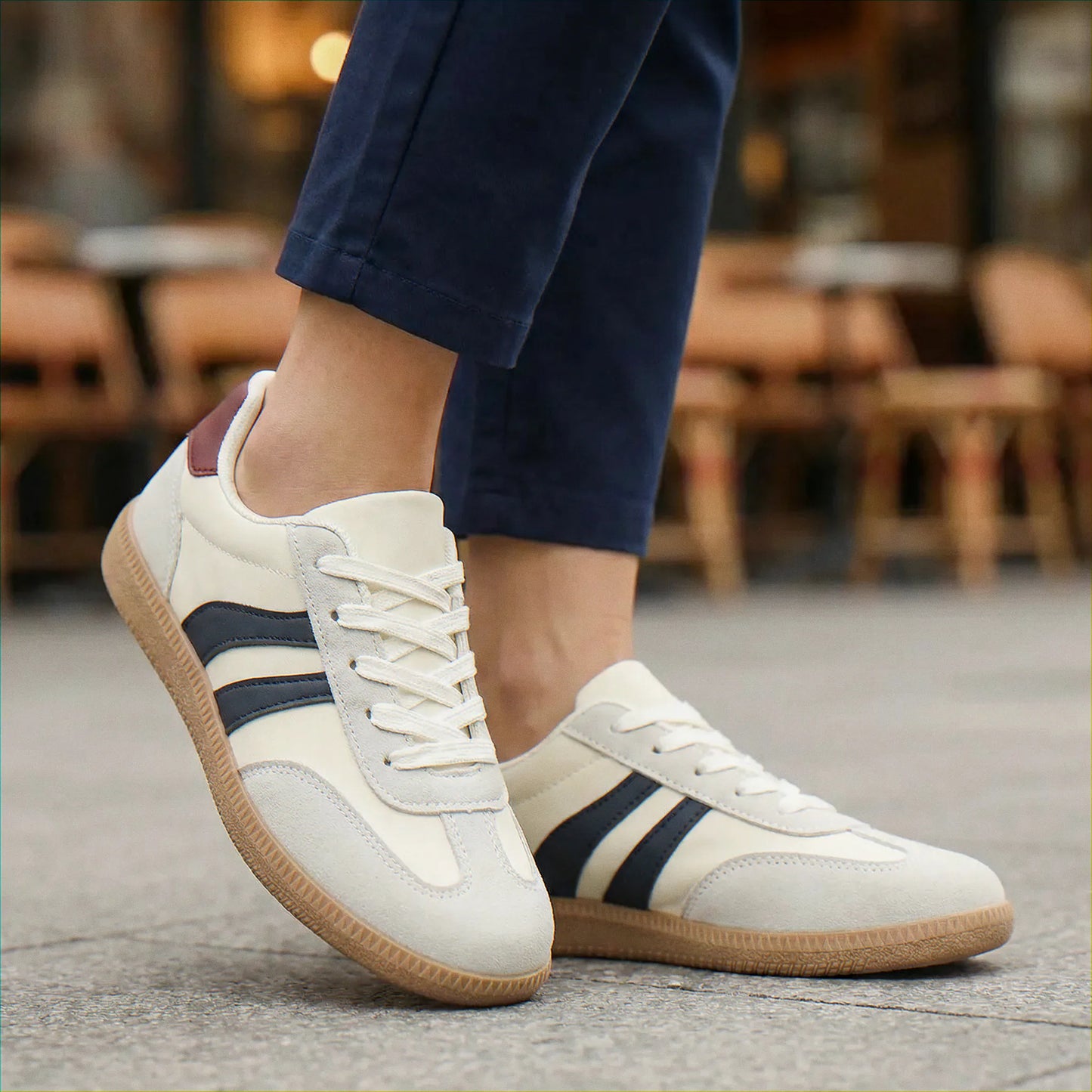 Cream and navy trainers for women, cafe on-foot lifestyle view