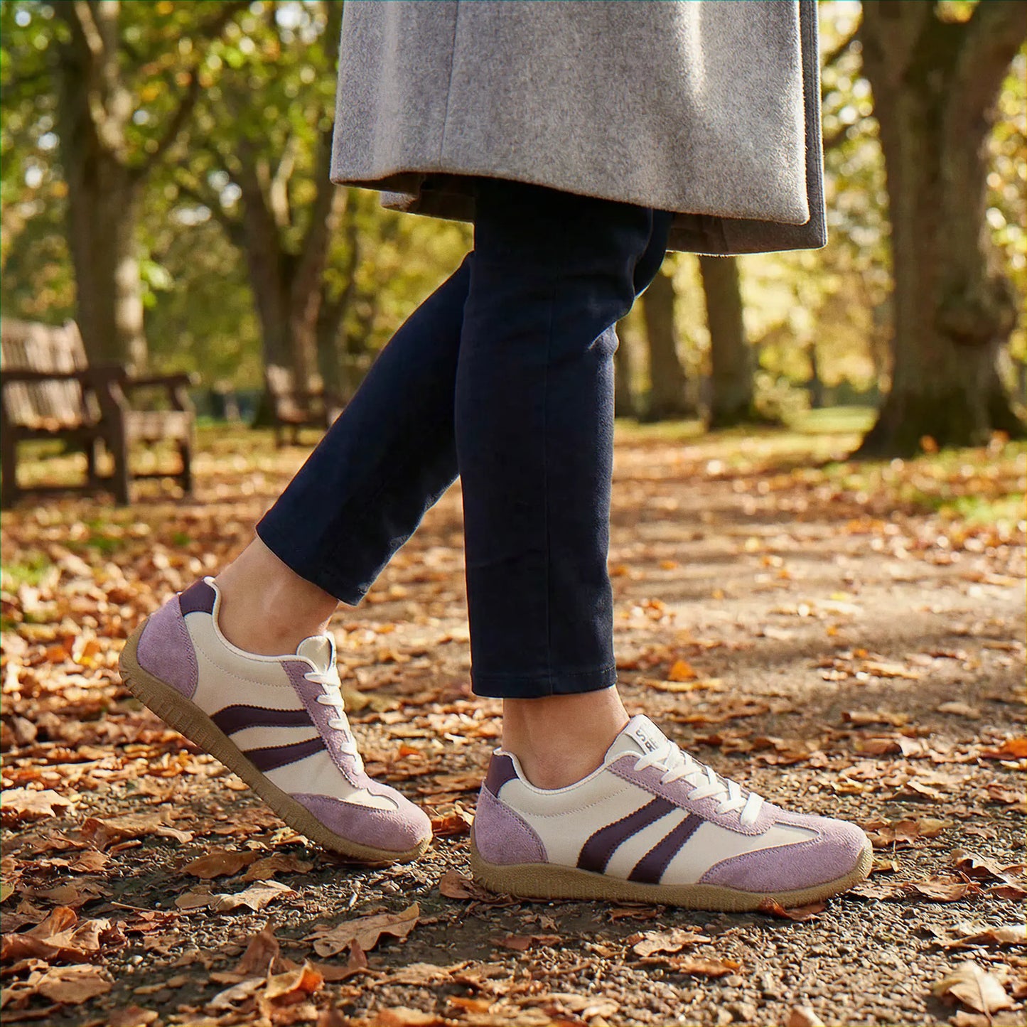 Lavender walking trainers, autumn path on-foot view