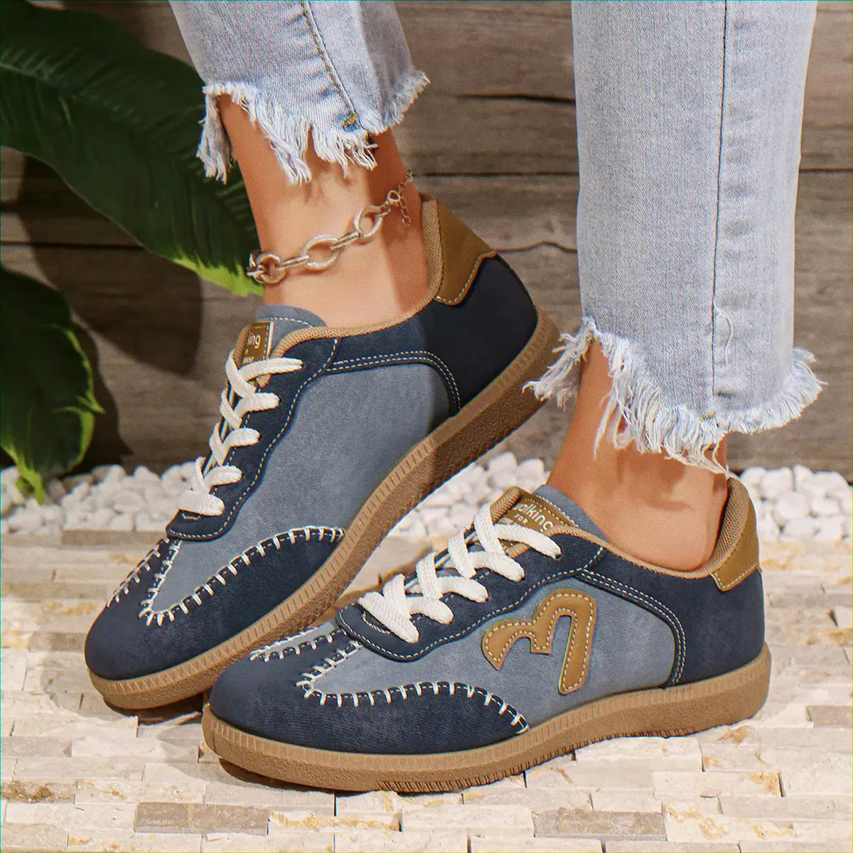 Dusty blue trainers for women, tiled on-foot lifestyle view