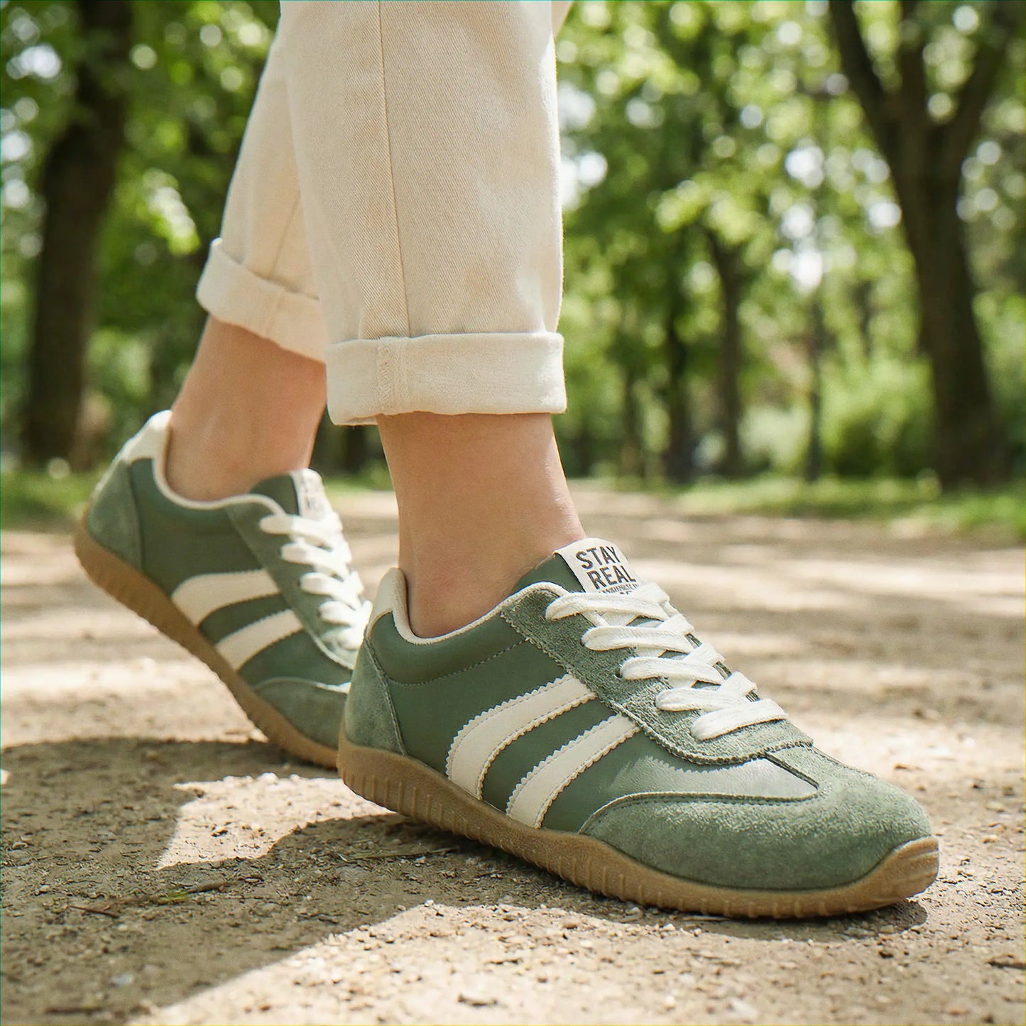 Olive green walking trainers for women, path lifestyle view