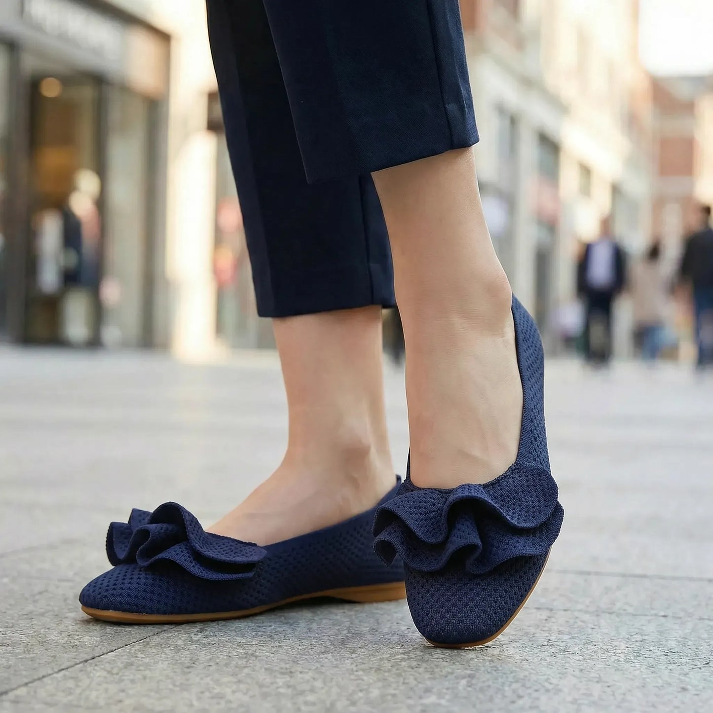 Women's knit slip-on flats shown on foot