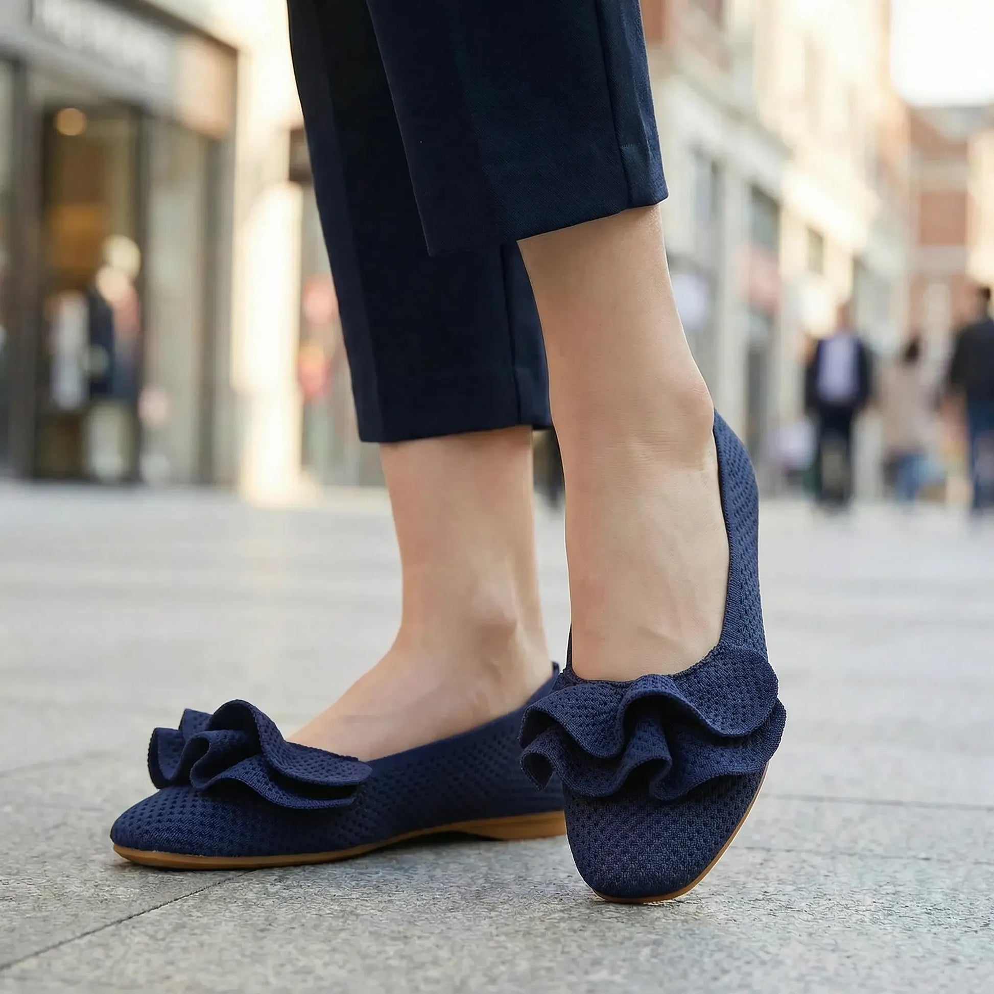 Women's knit slip-on flats shown on foot