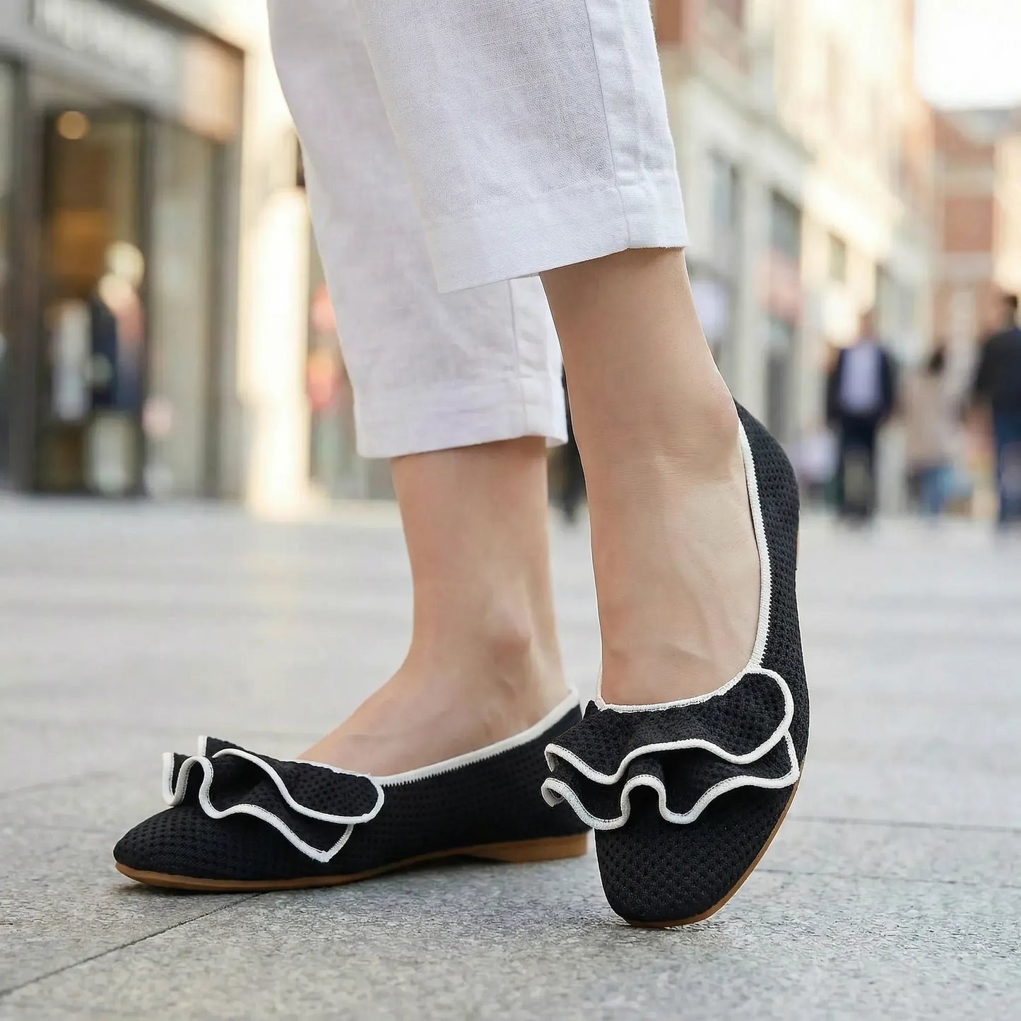 Women's knit slip-on flats shown on foot
