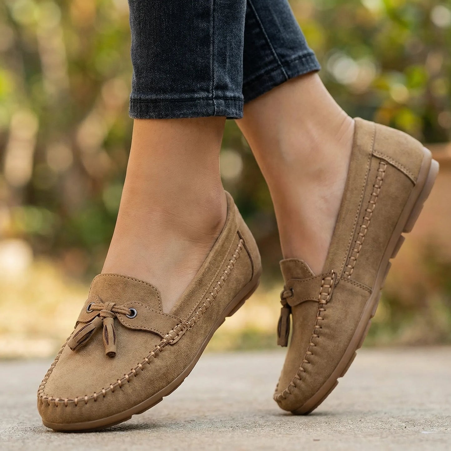 Brown slip-on loafers for women, worn outdoors on a garden path