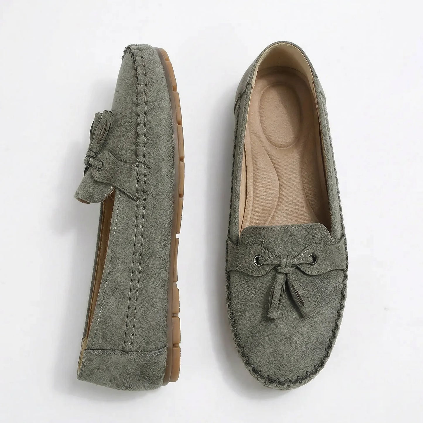 Women's wide fit loafers in charcoal grey, top and side studio view