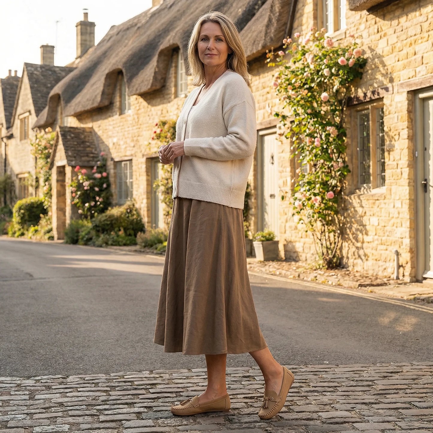 Woman wearing brown loafers on a village street