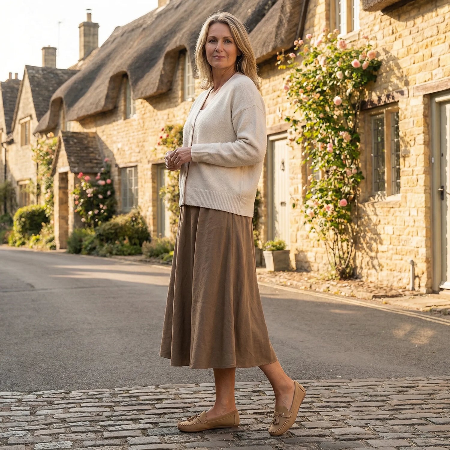 Woman wearing brown loafers on a village street