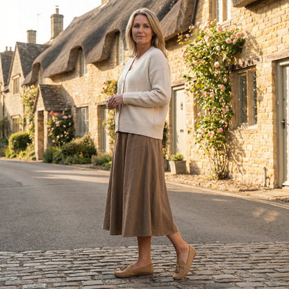 Woman wearing brown loafers on a village street