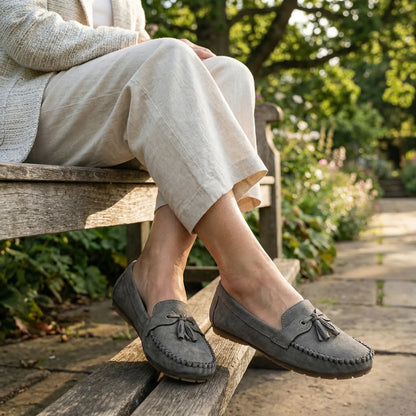 Grey slip-on loafers for women, seated garden lifestyle view