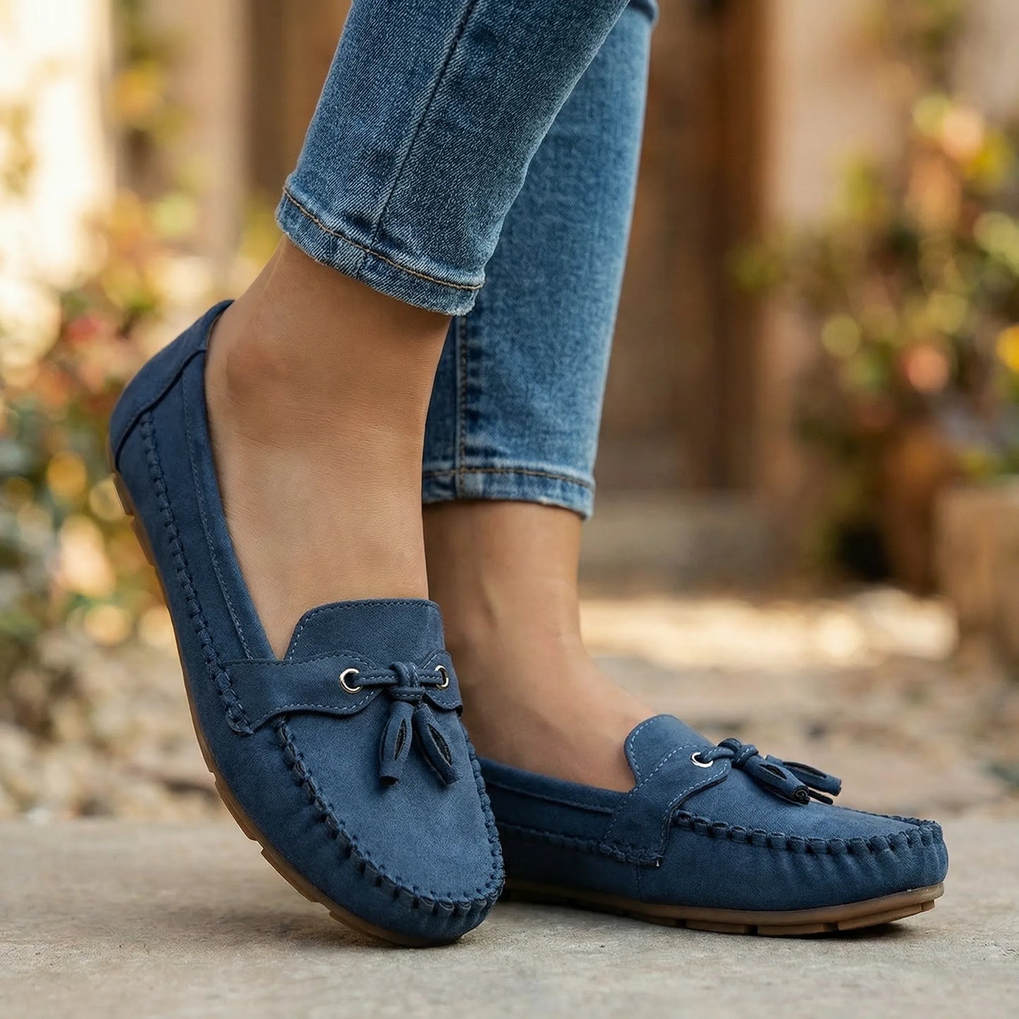Navy slip-on loafers for women, worn outdoors with jeans