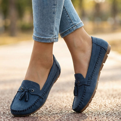 Navy wide fit loafers for women, walking outdoors in jeans