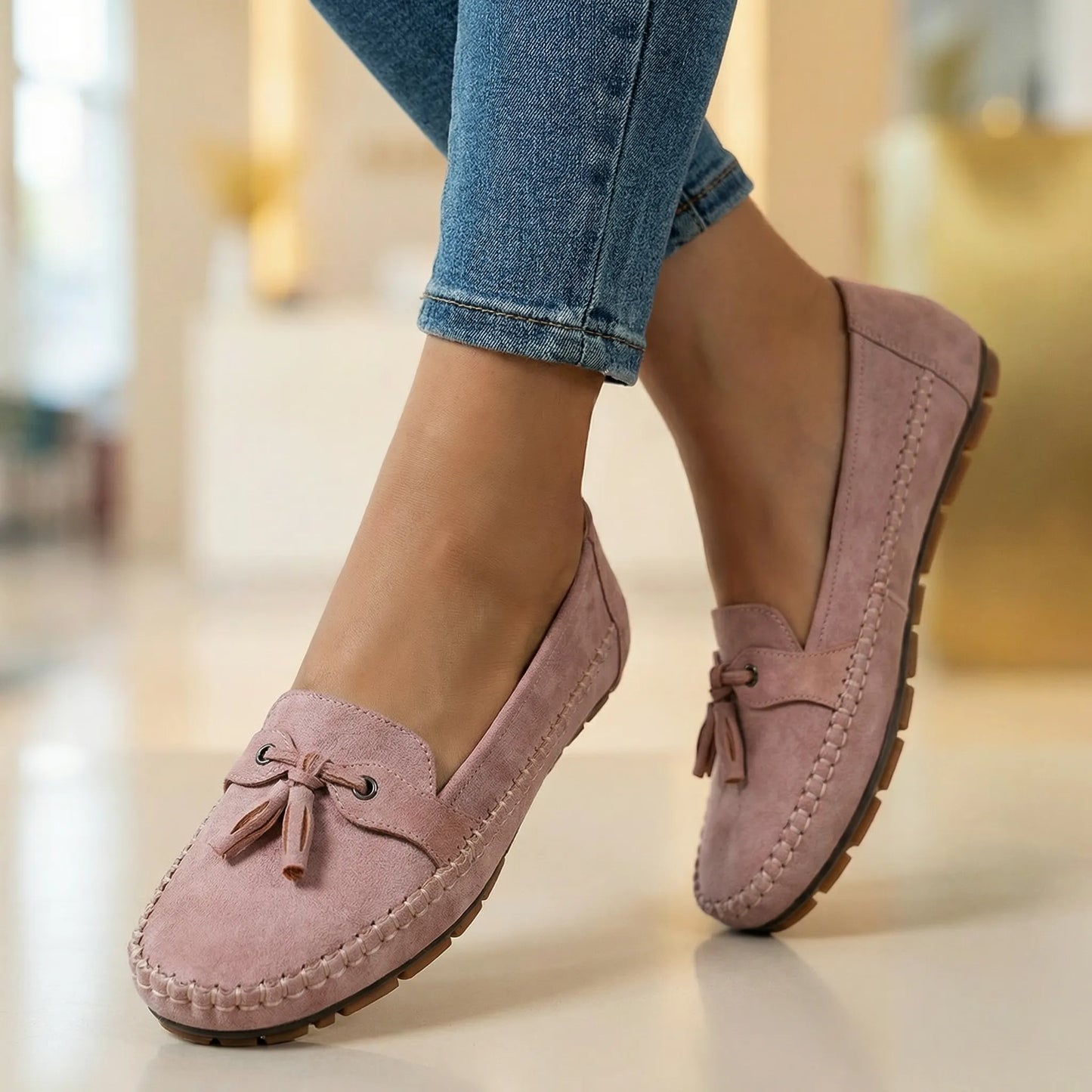 Blush pink loafers for women, close on-foot indoor view
