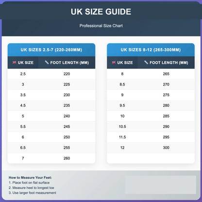 UK and EU shoe size guide with foot length measurements